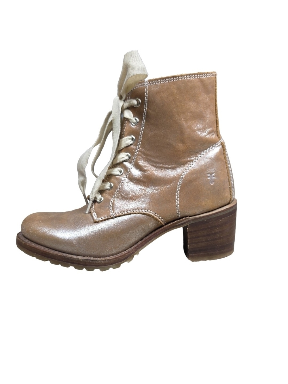 Frye Sabrina 6G Lace Up Boots 6.5 Metallic Tan Leather Vibram USA